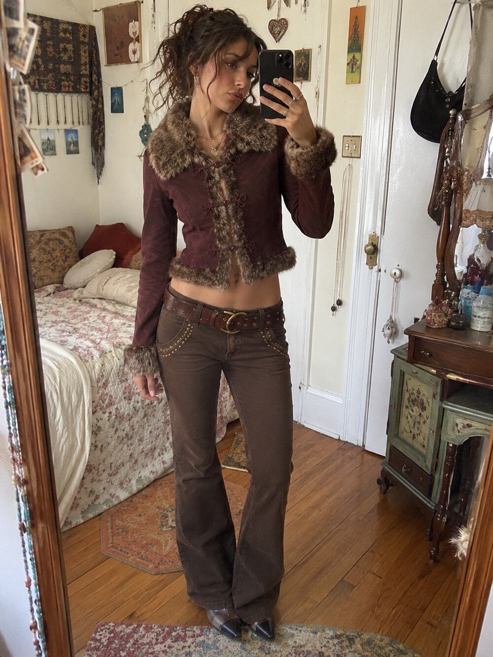 Vintage Y2K Burgundy Suede Boho Penny Lane Fur Collar Toggle Jacket XS Leather